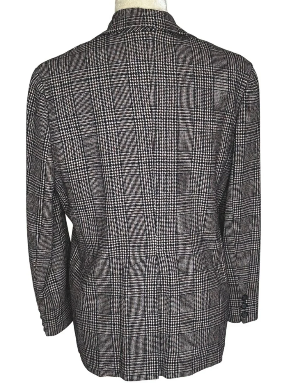 Vintage 70s Houndstooth Plaid Blazer Navy Burgundy Wool Look Tailored Jacket